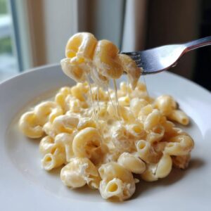 A fork lifting creamy macaroni noodles from a plate of cottage cheese mac and cheese, showing long cheese pulls.