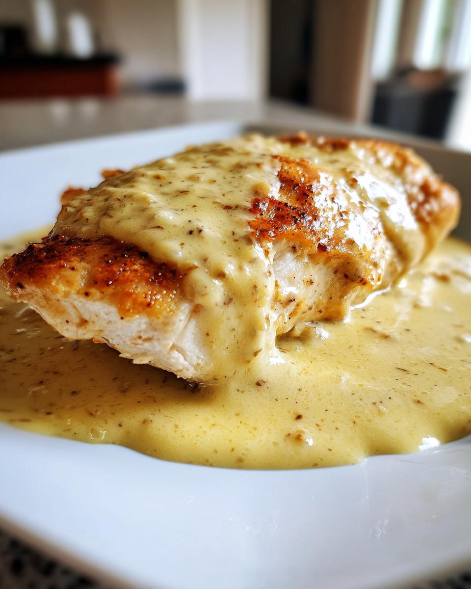 Close-up of a perfectly seared chicken breast smothered in a creamy, speckled dijon chicken sauce on a white plate.