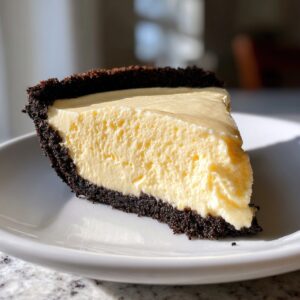 A close-up slice of creamy eggnog pie featuring a thick, pale yellow filling and a dark chocolate cookie crust.