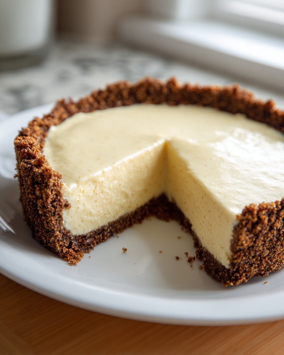 A creamy, pale yellow eggnog pie with a thick, dark crumb crust, sitting on a white plate with one slice removed.