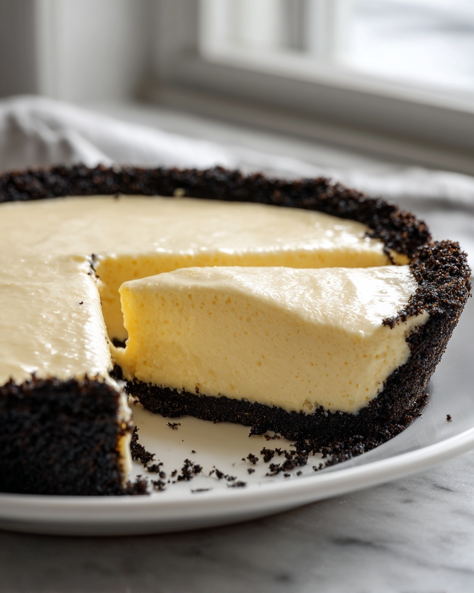 A creamy slice of eggnog pie with a dark chocolate crust being lifted from the whole pie.