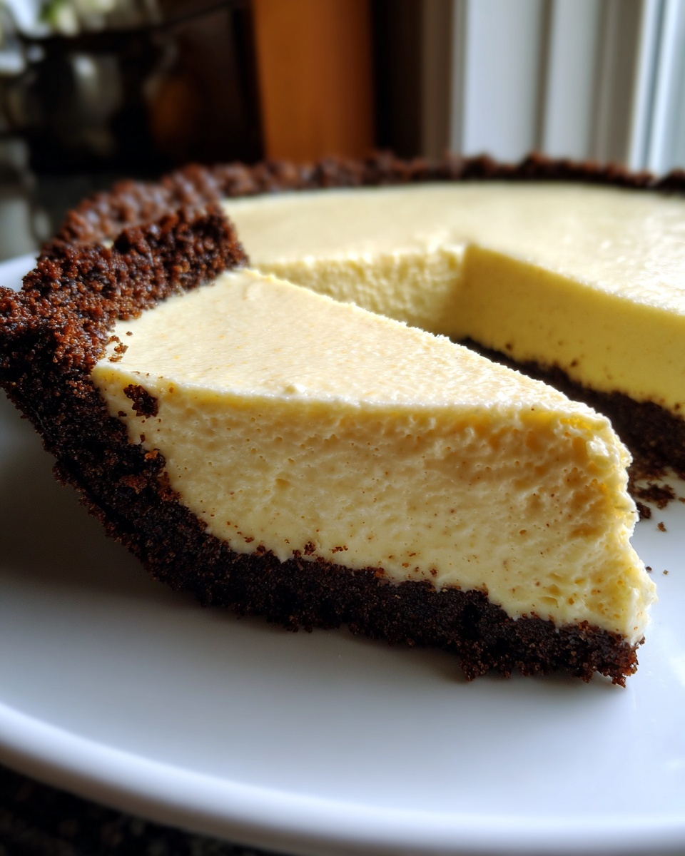 Close-up of a creamy slice of eggnog pie featuring a thick, light yellow filling and a dark chocolate crumb crust.