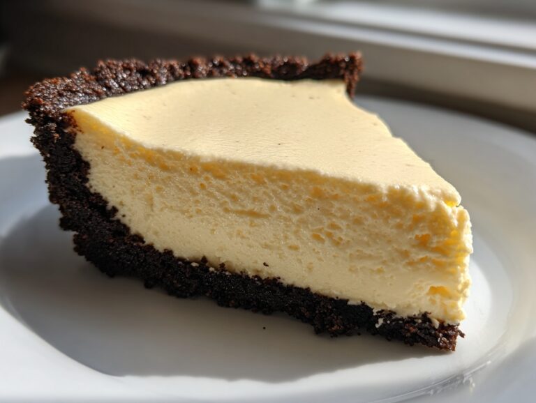 A close-up slice of creamy eggnog pie featuring a thick, light yellow filling and a dark chocolate crumb crust.