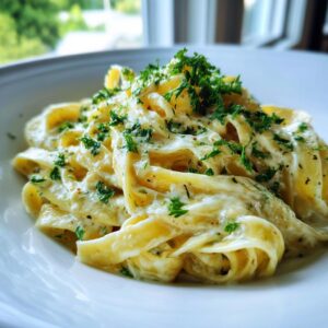 Close-up of fettuccine pasta coated in a rich garlic parmesan sauce and topped with fresh parsley.