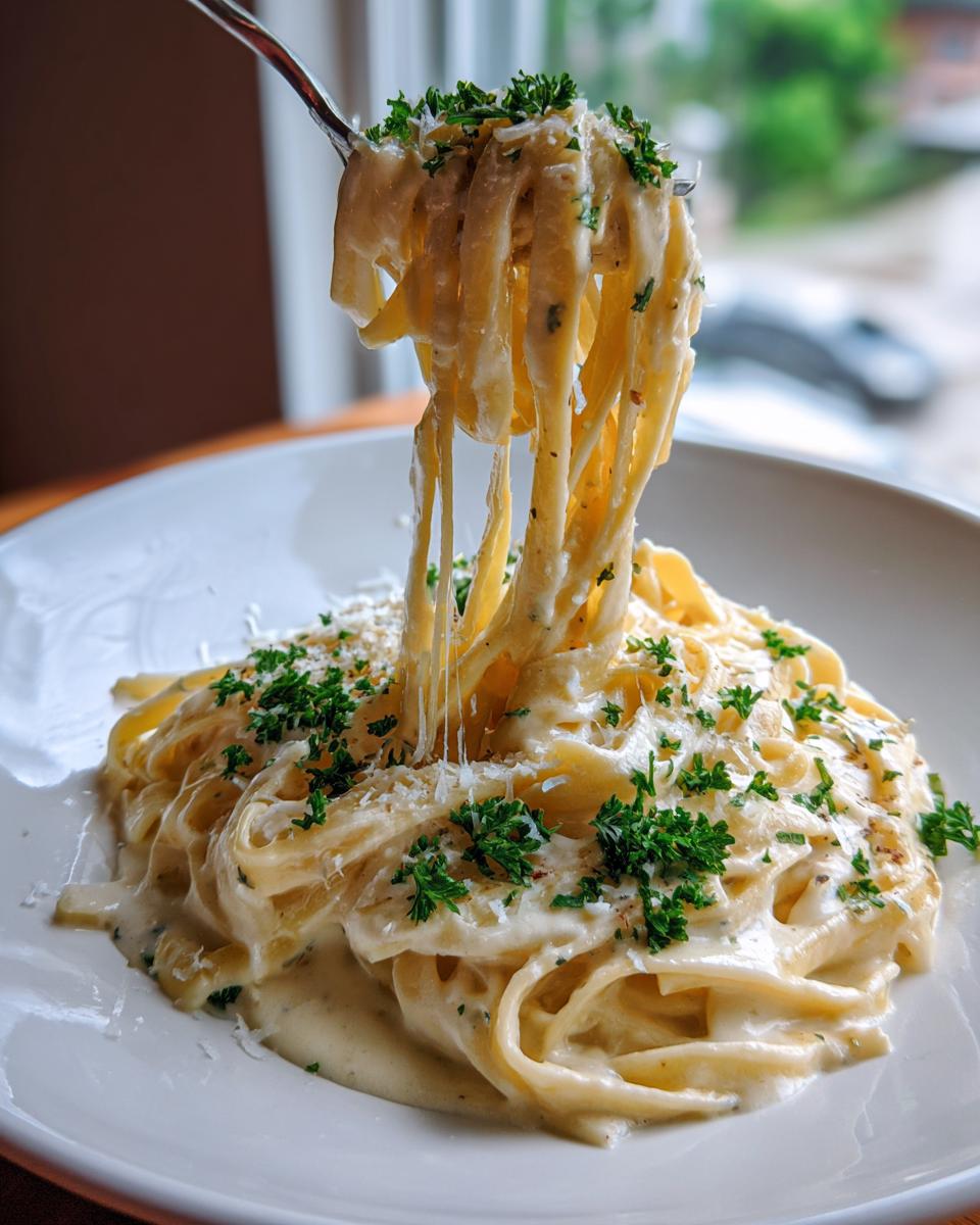 A fork lifts a twirl of fettuccine coated in rich garlic parmesan sauce, garnished with parsley.