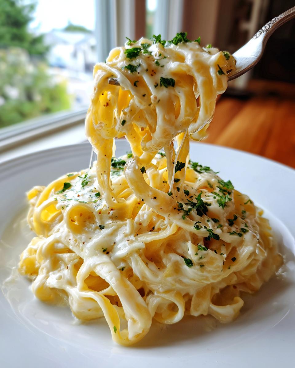 Close-up of fettuccine pasta coated in rich garlic parmesan sauce being lifted by a fork.