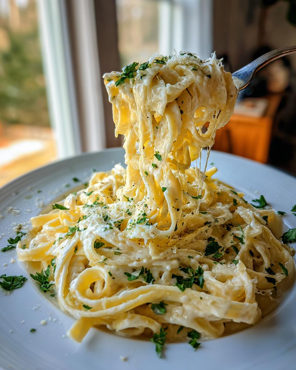 A fork lifts a generous portion of fettuccine coated in creamy garlic parmesan sauce, garnished with parsley.