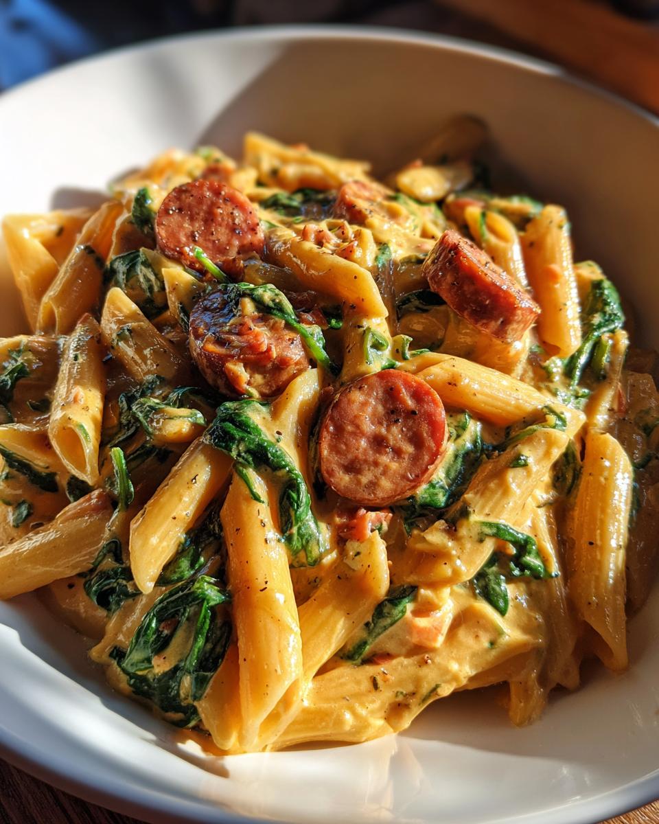 Close-up of creamy kielbasa pasta featuring penne, sliced smoked sausage, and wilted spinach in a white bowl.