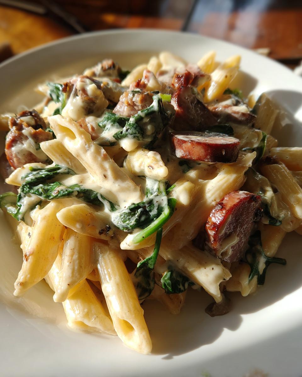 Close-up of creamy kielbasa pasta featuring penne, sliced sausage, and wilted spinach in a white bowl.