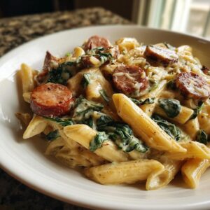 Close-up of creamy kielbasa pasta featuring penne, sliced smoked sausage, and wilted spinach, topped with grated cheese.