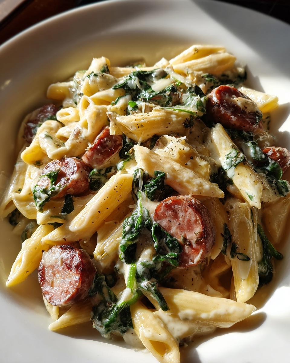 Close-up of creamy kielbasa pasta mixed with wilted spinach, served in a white bowl under bright light.