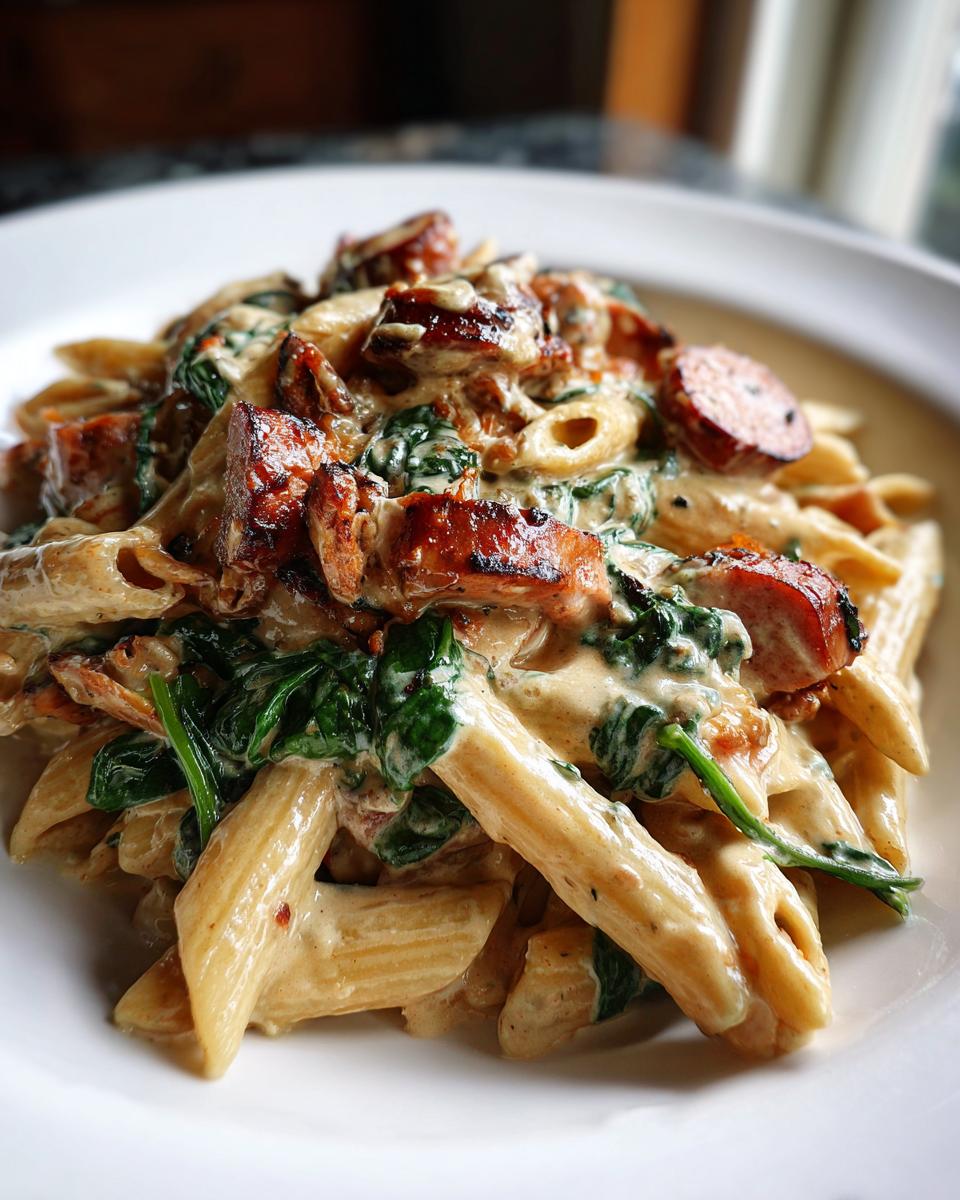 Close-up of creamy kielbasa pasta featuring penne, browned sausage pieces, and wilted spinach.