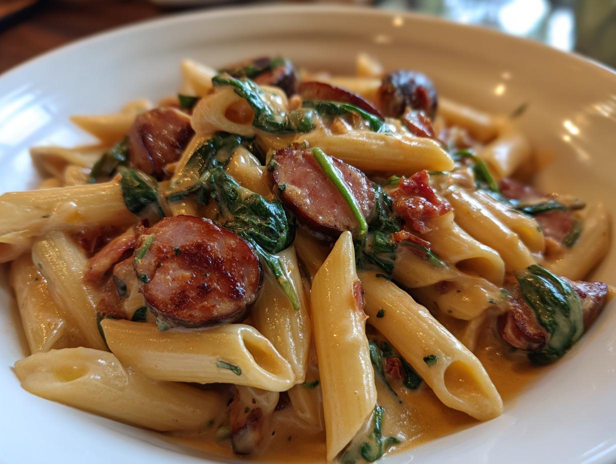 Close-up of creamy penne pasta mixed with sliced, browned kielbasa sausage and wilted spinach.