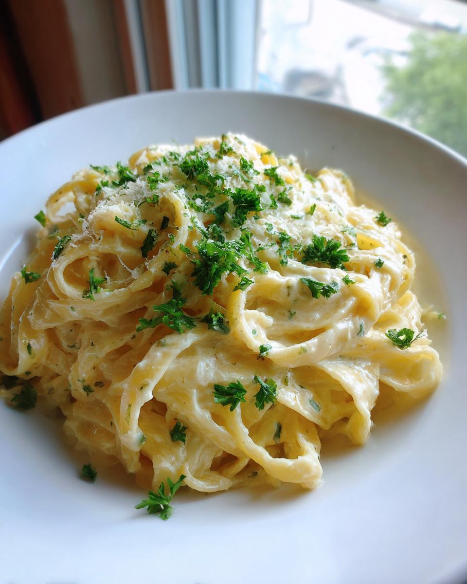 A close-up of fettuccine coated in rich garlic parmesan sauce, topped with grated cheese and fresh parsley.