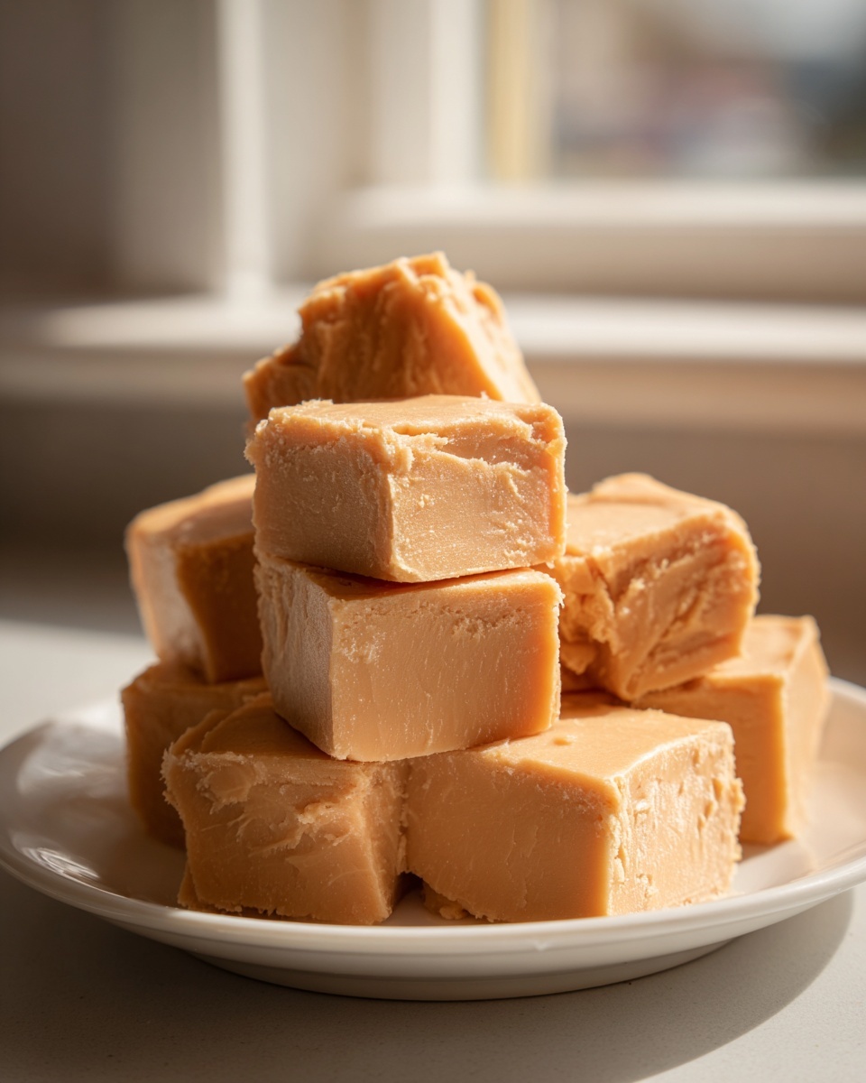 A stack of light brown, creamy squares from a peanut butter fudge recipe sitting on a white plate.