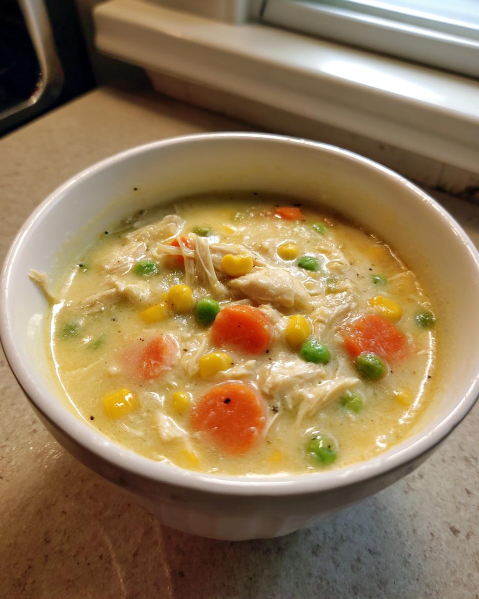 A close-up of a white bowl filled with creamy pot pie soup featuring shredded chicken, carrots, peas, and corn.