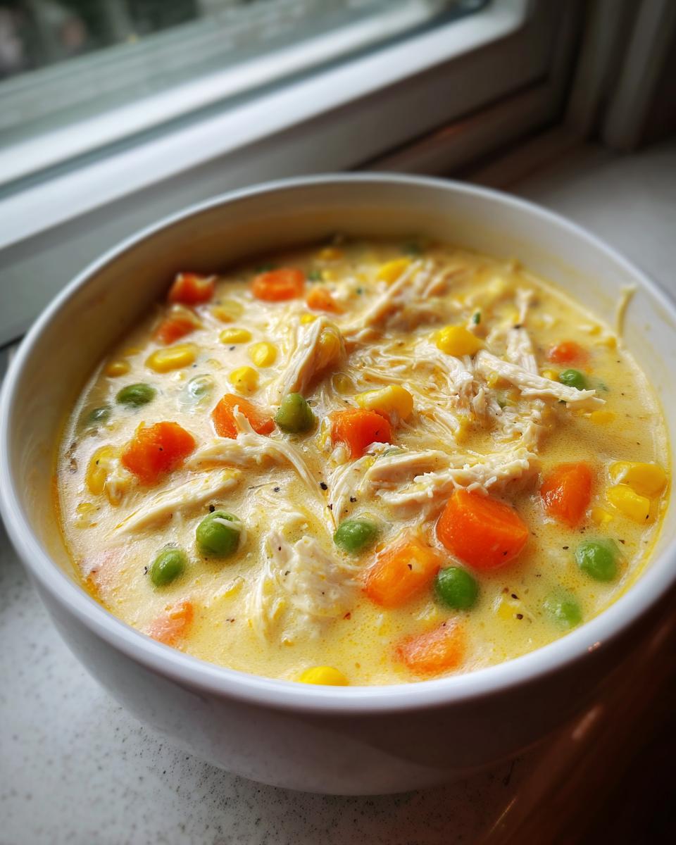 Close-up of creamy pot pie soup filled with shredded chicken, carrots, peas, and corn.