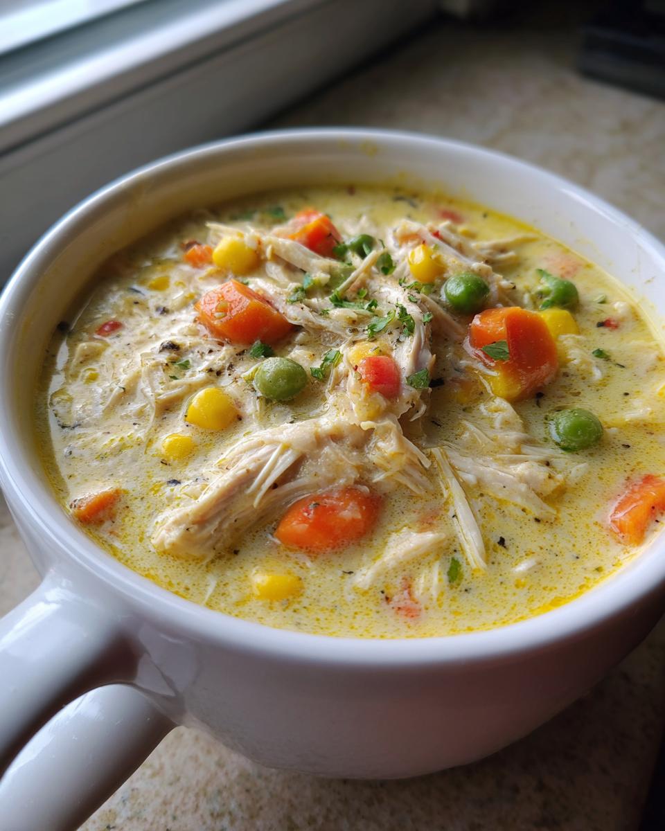 Close-up of creamy pot pie soup filled with shredded chicken, carrots, peas, and corn, garnished with parsley.