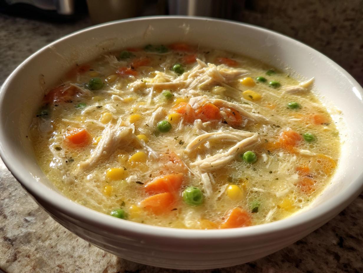 Close-up of a creamy, savory pot pie soup filled with shredded chicken, carrots, peas, and corn.