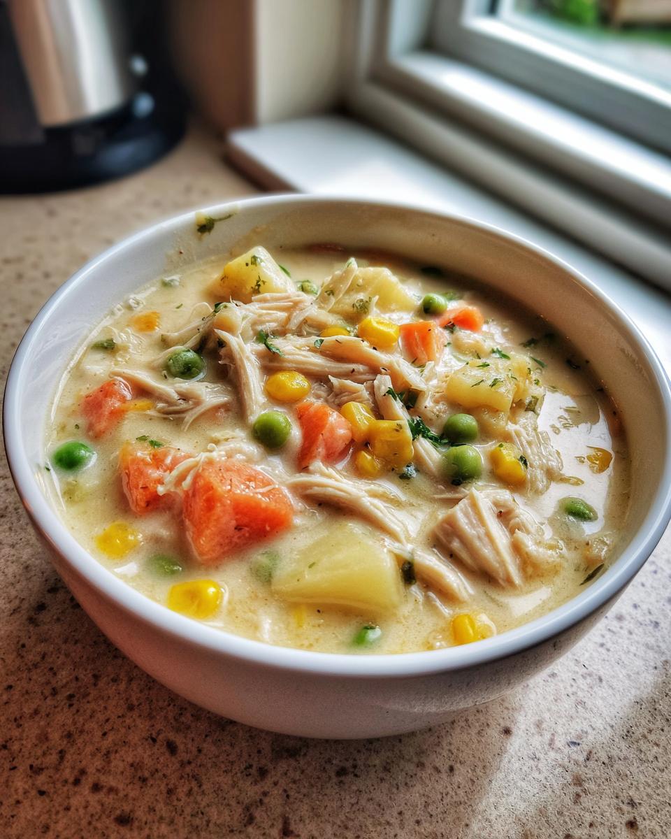 A close-up of a white bowl filled with creamy pot pie soup featuring shredded chicken, carrots, peas, corn, and potatoes.