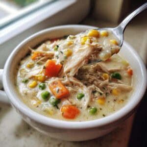A spoonful of creamy pot pie soup filled with shredded chicken, carrots, peas, and corn being lifted from a white bowl.