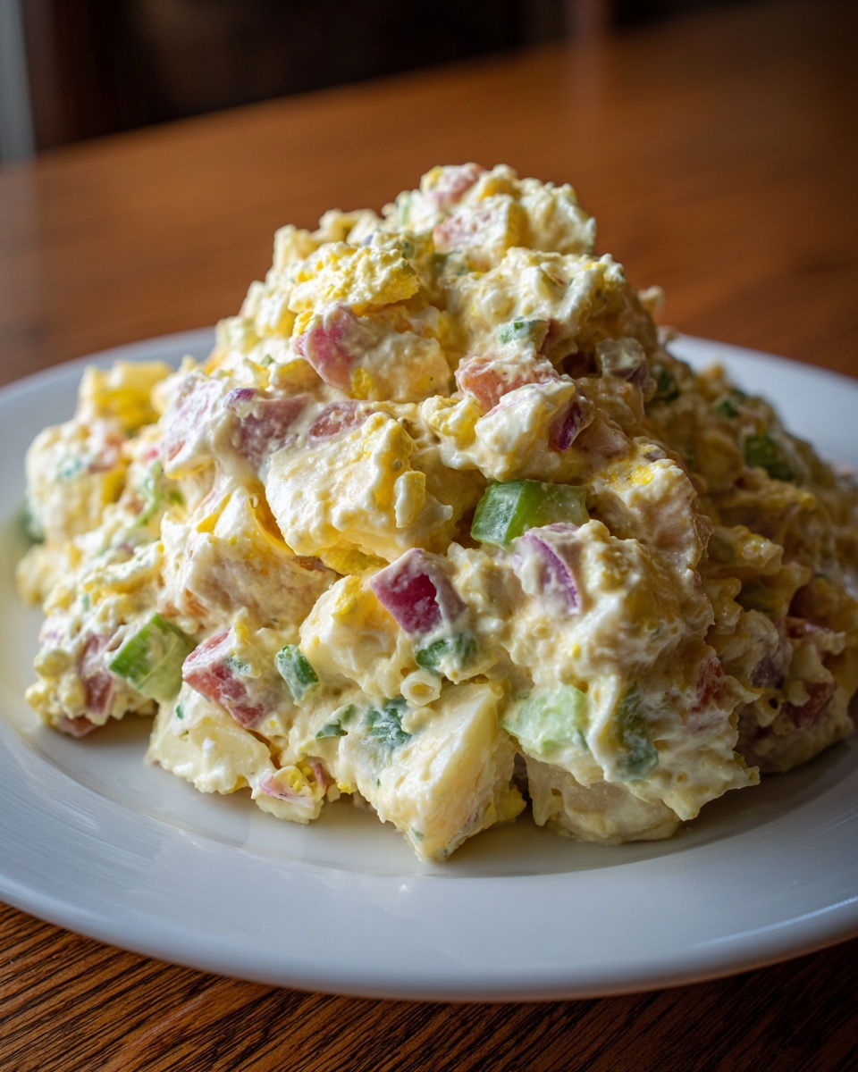 A generous mound of creamy potato salad mixed with chopped eggs, red onion, and celery on a white plate.