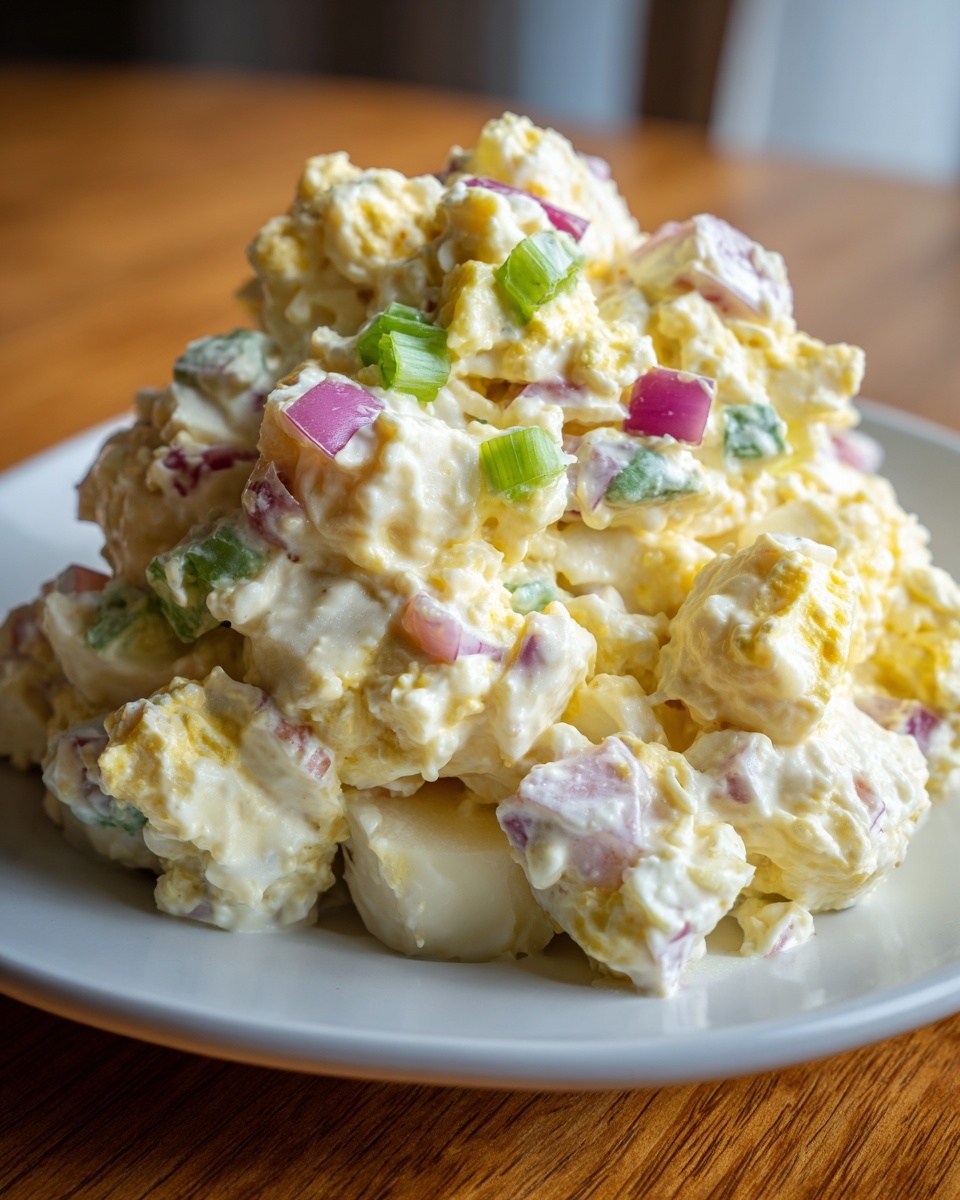 Close-up of a mound of creamy potato salad mixed with chopped eggs, red onion, and green onions on a white plate.