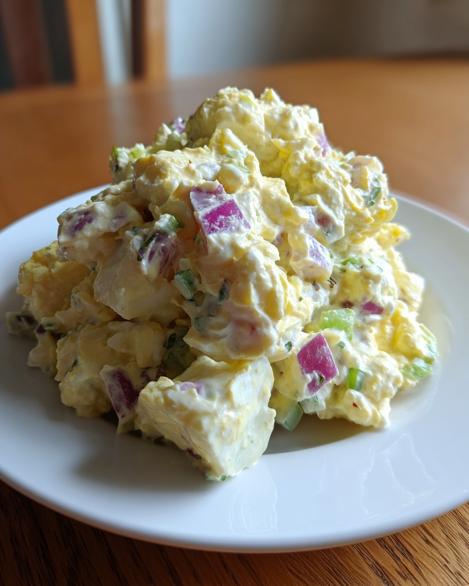A close-up of creamy potato salad mixed with chunks of red onion and celery served on a white plate.