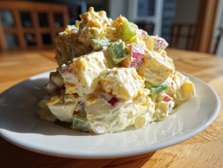 Close-up of a generous scoop of creamy potato salad with visible chunks of potato, red onion, and celery on a white plate.