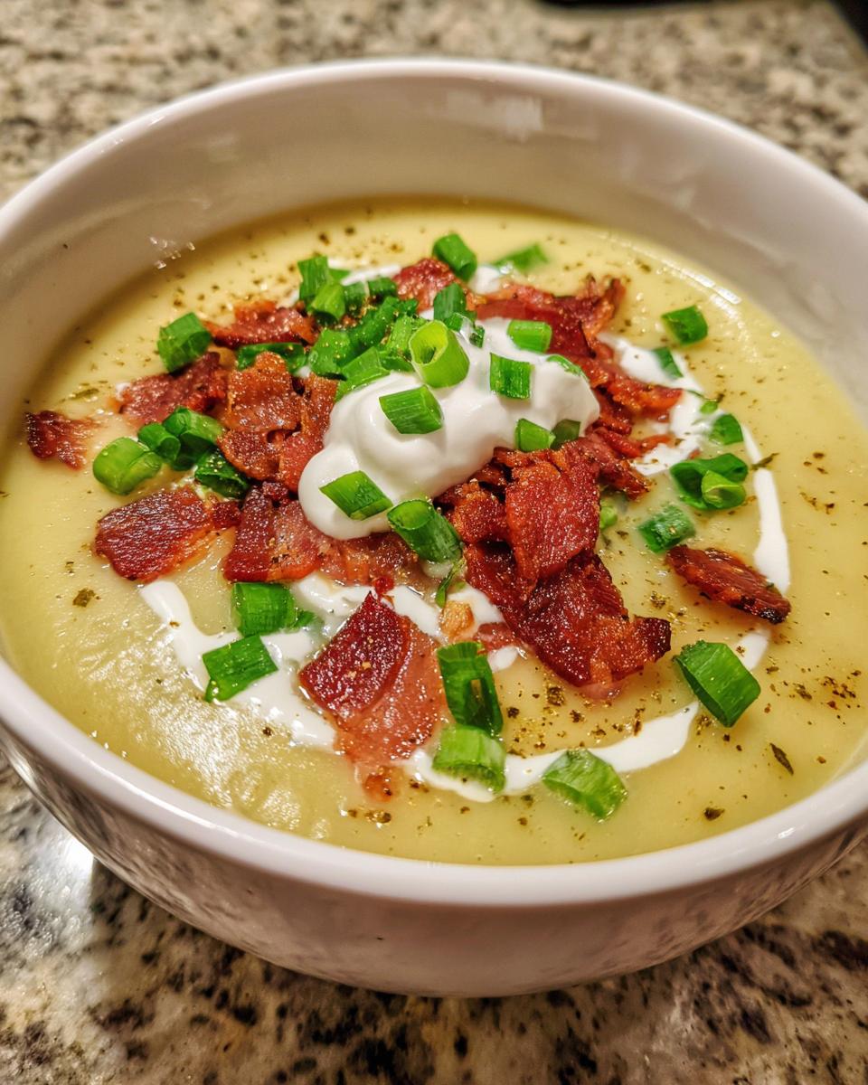 A close-up of a bowl of creamy potato soup topped with sour cream, crispy bacon bits, and chopped green onions.