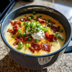A hearty bowl of creamy potato soup topped with bacon bits, sour cream, and green onions.