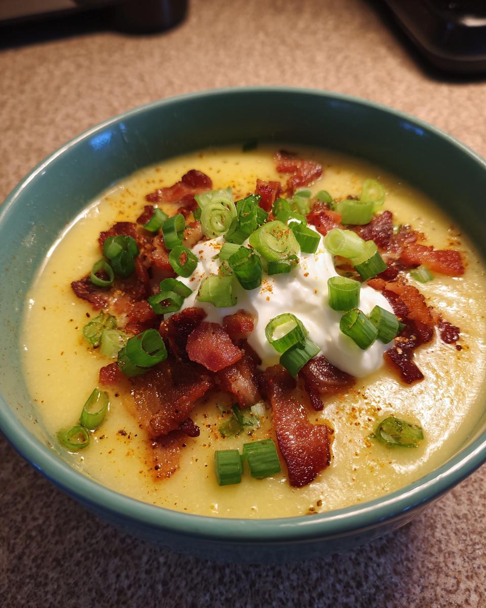 A close-up of a bowl of creamy potato soup topped with sour cream, crispy bacon bits, and fresh green onions.