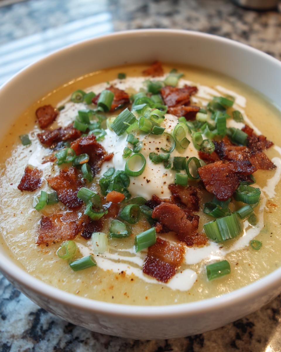 Close-up of a bowl of creamy potato soup topped with sour cream, bacon bits, and green onions.