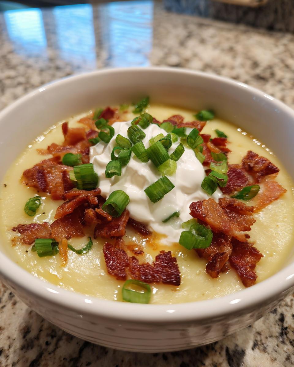 A close-up of a bowl of creamy potato soup topped generously with sour cream, bacon bits, and chopped green onions.