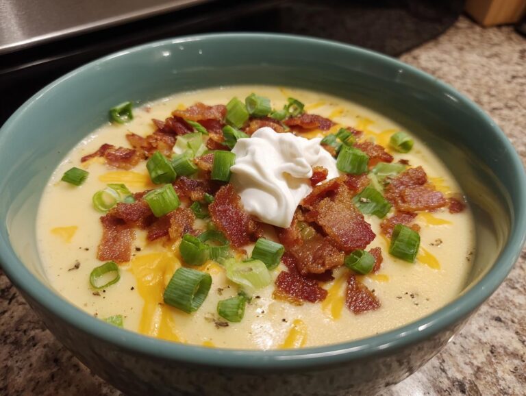 A close-up of a bowl of creamy potato soup topped with bacon bits, shredded cheese, green onions, and sour cream.