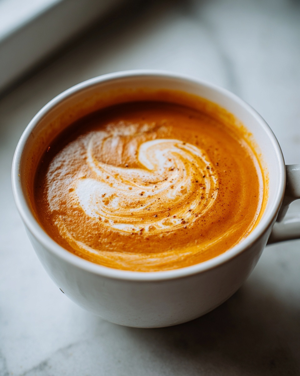 Close-up of creamy orange pumpkin soup in a white mug, topped with a swirl of cream and spices.
