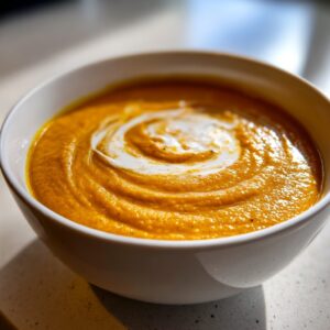Close-up of a white bowl filled with rich, orange pumpkin soup, swirled with cream.