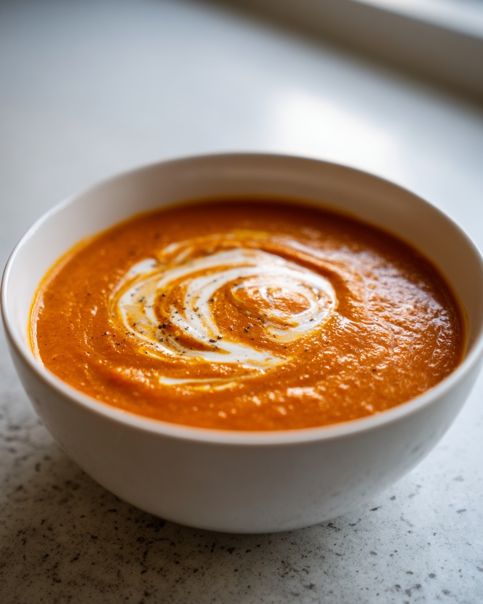 Close-up of a white bowl filled with creamy orange pumpkin soup, swirled with cream and black pepper.