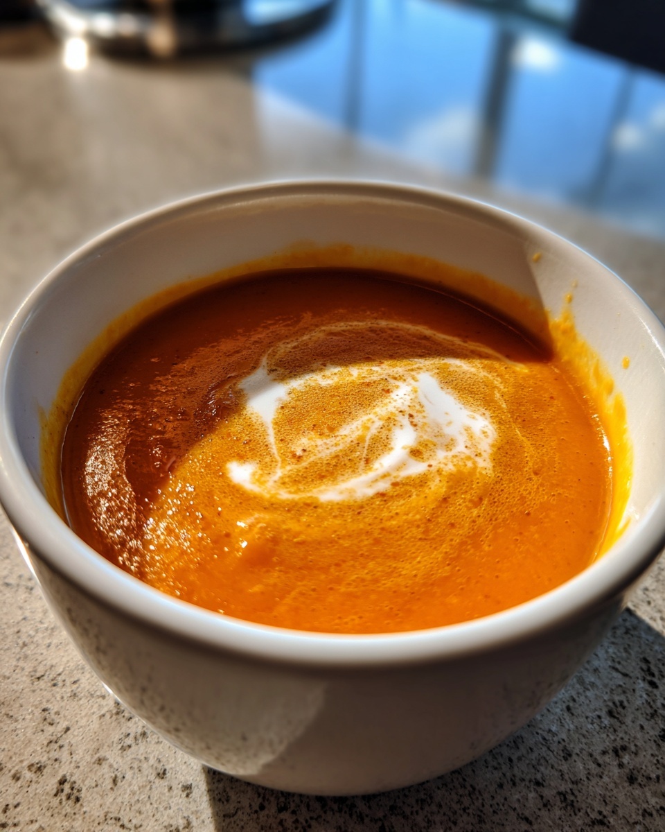 A close-up of a white bowl filled with vibrant orange pumpkin soup, swirled with cream.