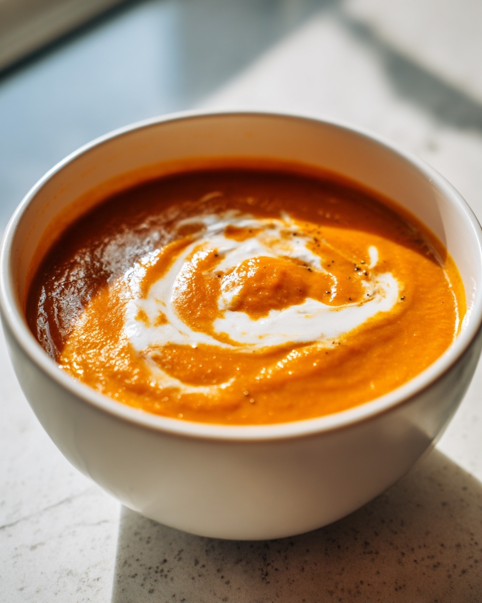 Close-up of a white bowl filled with vibrant orange pumpkin soup, swirled with cream and black pepper.