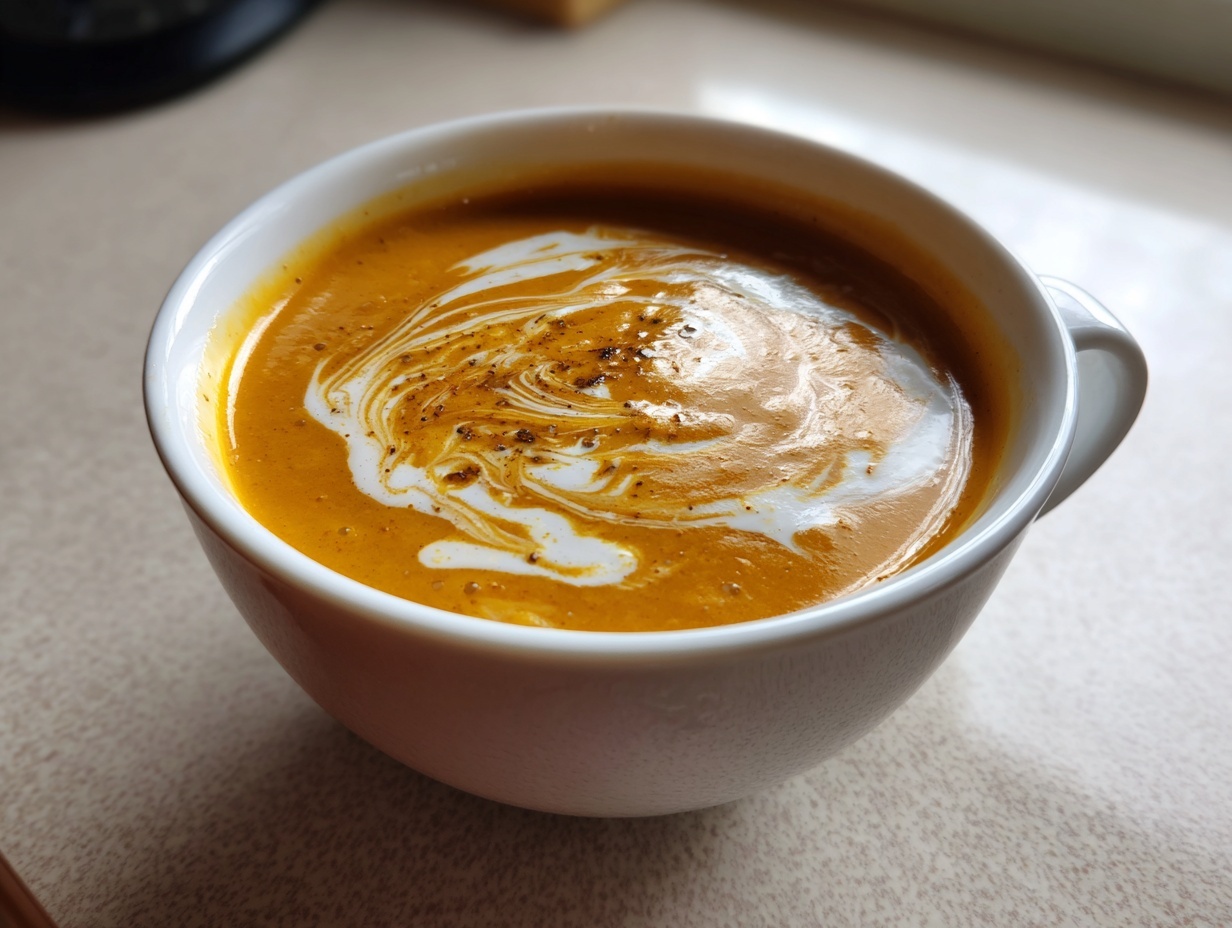 Close-up of a white mug filled with vibrant orange pumpkin soup, swirled with cream and sprinkled with spices.