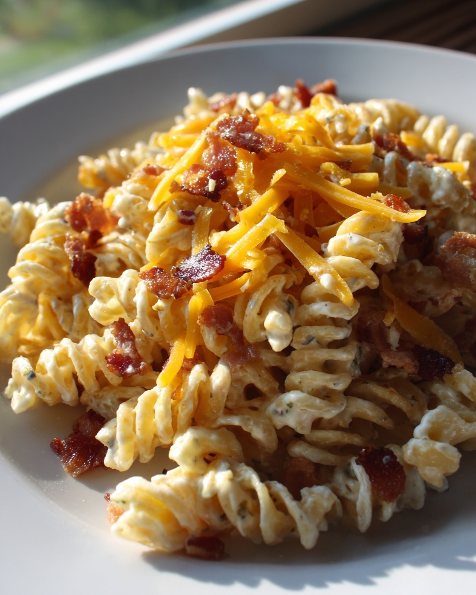 Close-up of creamy ranch pasta salad featuring rotini pasta, shredded cheddar cheese, and crispy bacon bits.