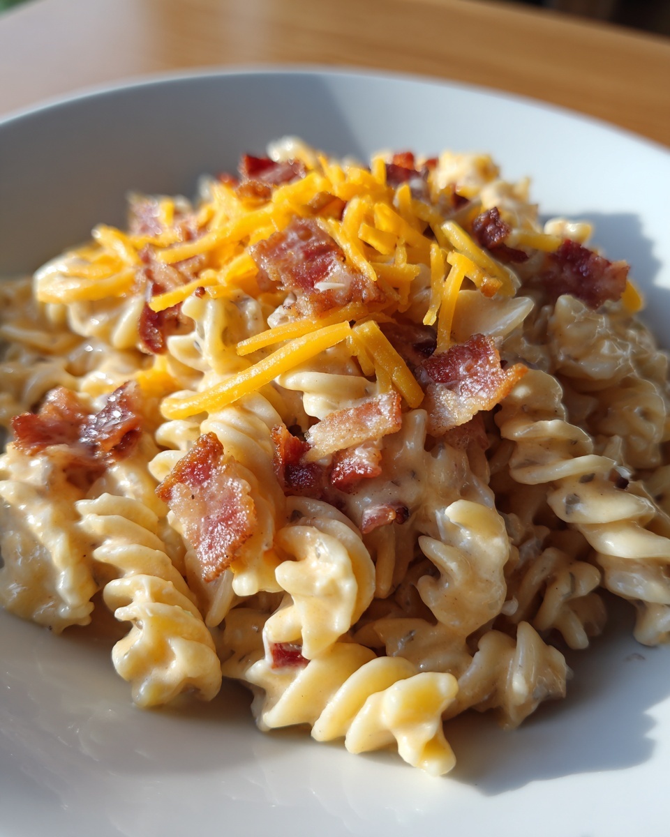 Close-up of creamy ranch pasta salad made with rotini pasta, topped with shredded cheddar cheese and crispy bacon bits.