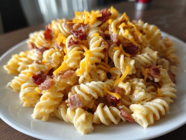 Close-up of creamy ranch pasta salad made with rotini pasta, topped with bacon bits and shredded cheddar cheese.