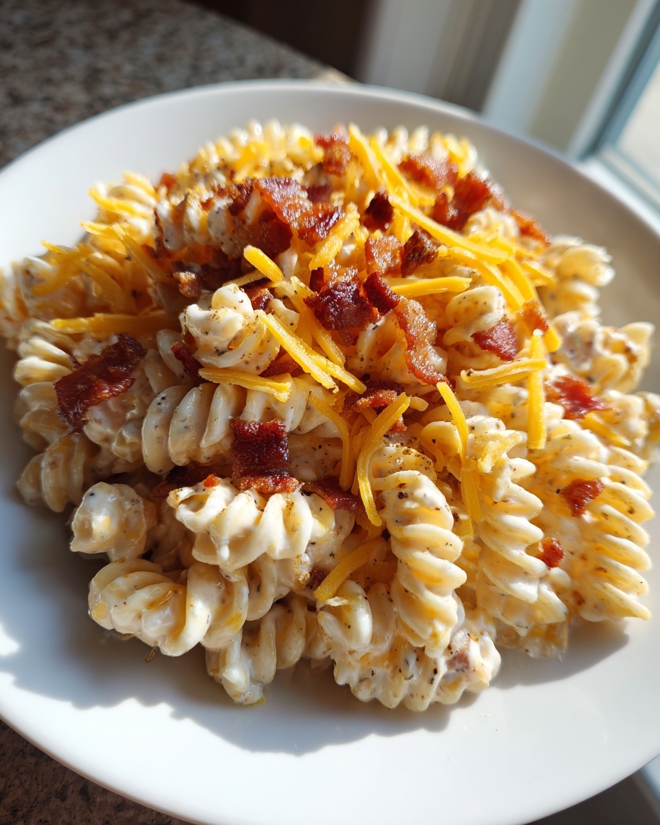A close-up of creamy ranch pasta salad made with rotini pasta, topped with shredded cheddar and crispy bacon bits.
