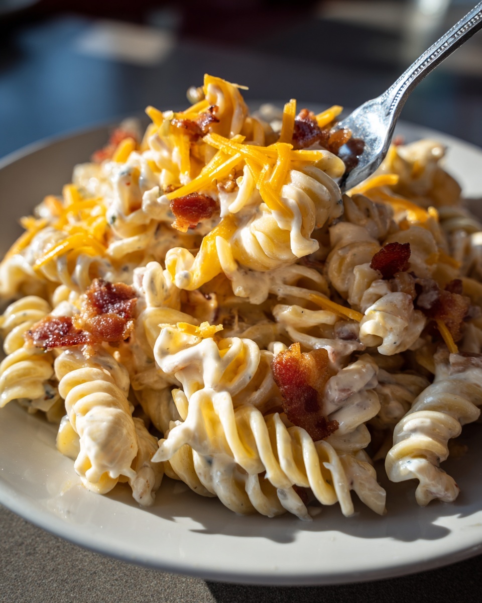 Close-up of creamy ranch pasta salad with rotini, topped with shredded cheddar and bacon bits, being lifted by a fork.