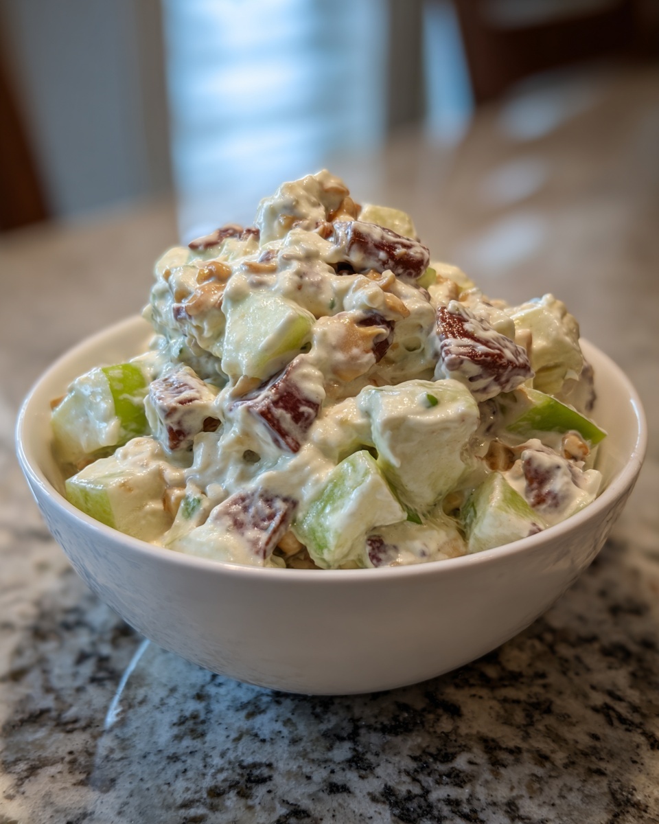 A close-up view of a serving of creamy Snickers salad featuring chopped green apples, Snickers pieces, and nuts.