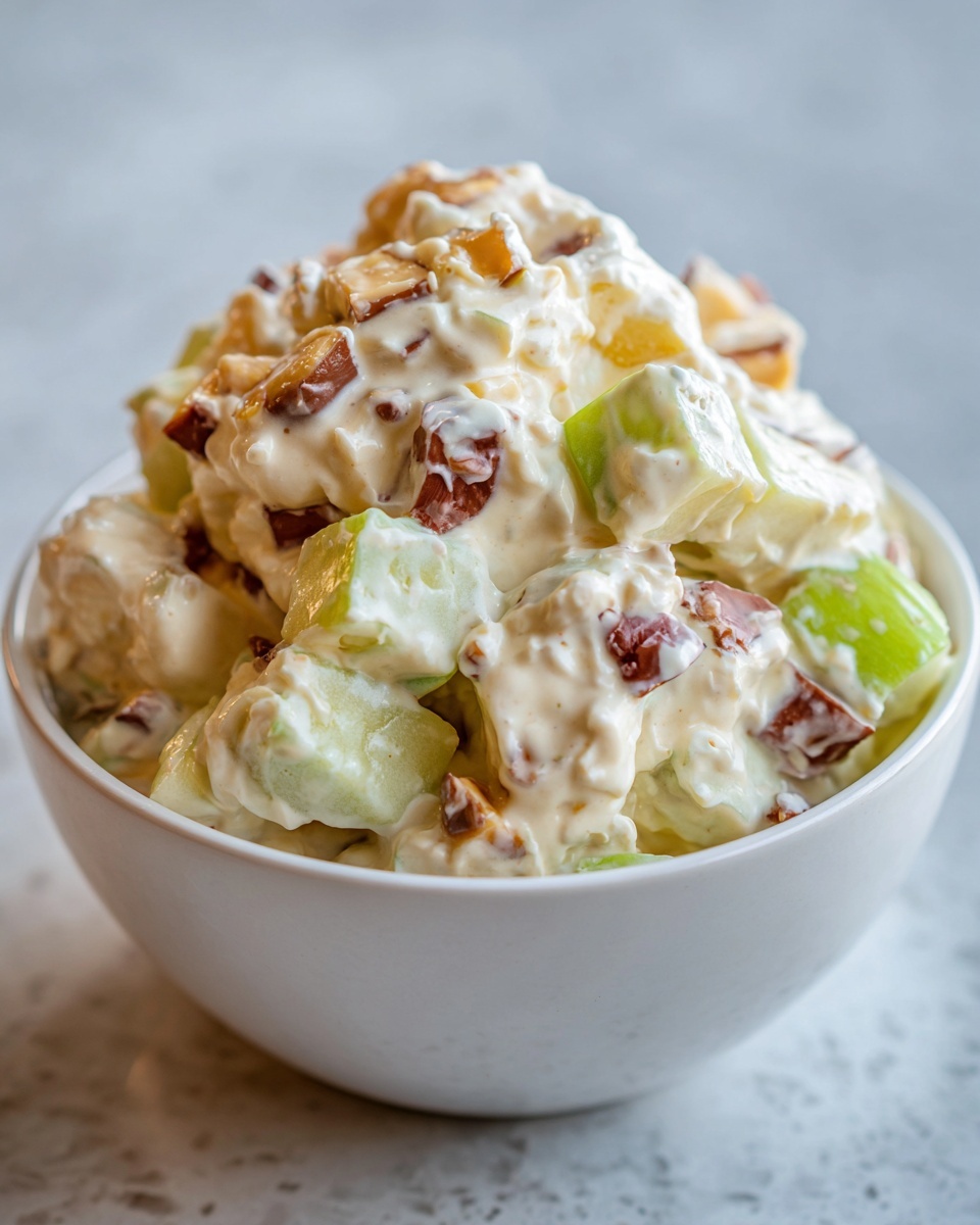 A close-up of a generous serving of creamy Snickers salad featuring apples, whipped topping, and chopped candy pieces in a white bowl.