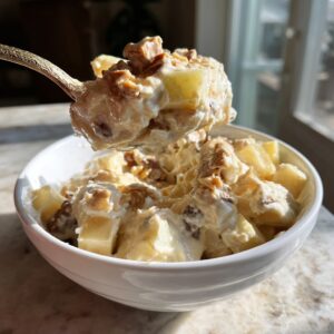 A spoonful of creamy Snickers salad, featuring pineapple chunks and chopped nuts, lifted from a white bowl.
