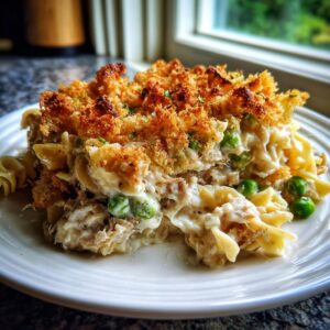 A serving of creamy tuna noodle casserole topped with a golden brown, crunchy breadcrumb topping and green peas.